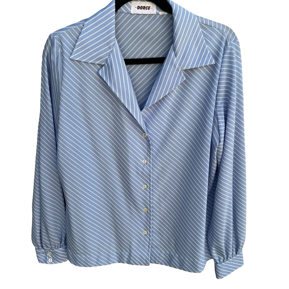 Dorce Vintage 70s Secretary Preppy Nautical‎ Coastal Diagonal Stripe Blouse Blue